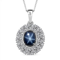 Blue Star Sapphire (DF) and Moissanite Cocktail Pendant Necklace 20 Inches in Platinum Over Sterling Silver 5.85 ctw