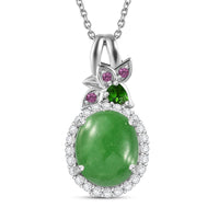 Doorbuster TLV Green Jade, Multi Gemstone Halo Pendant Necklace (20 Inches) in Rhodium Over Sterling Silver 7.15 ctw