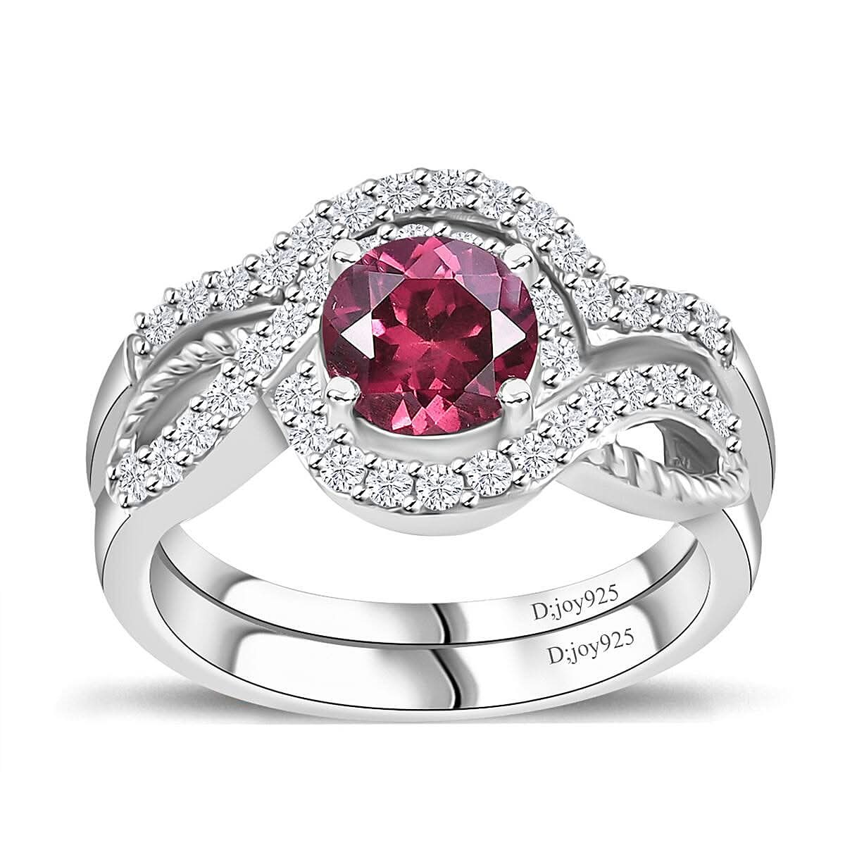 Premium Tanzanian Wine Garnet, White Zircon Set of 2 Stackable Ring in Rhodium Over Sterling Silver (Size 5.0) 1.50 ctw
