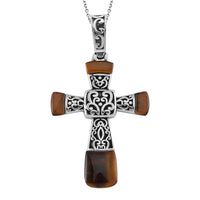 Yellow Tiger Eye Inlay Cross Pendant Necklace (24 Inches) in Stainless Steel 7.10 ctw