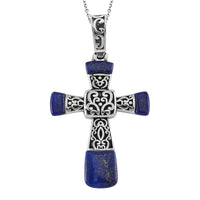 Yellow Tiger Eye Inlay Cross Pendant Necklace (24 Inches) in Stainless Steel 7.10 ctw
