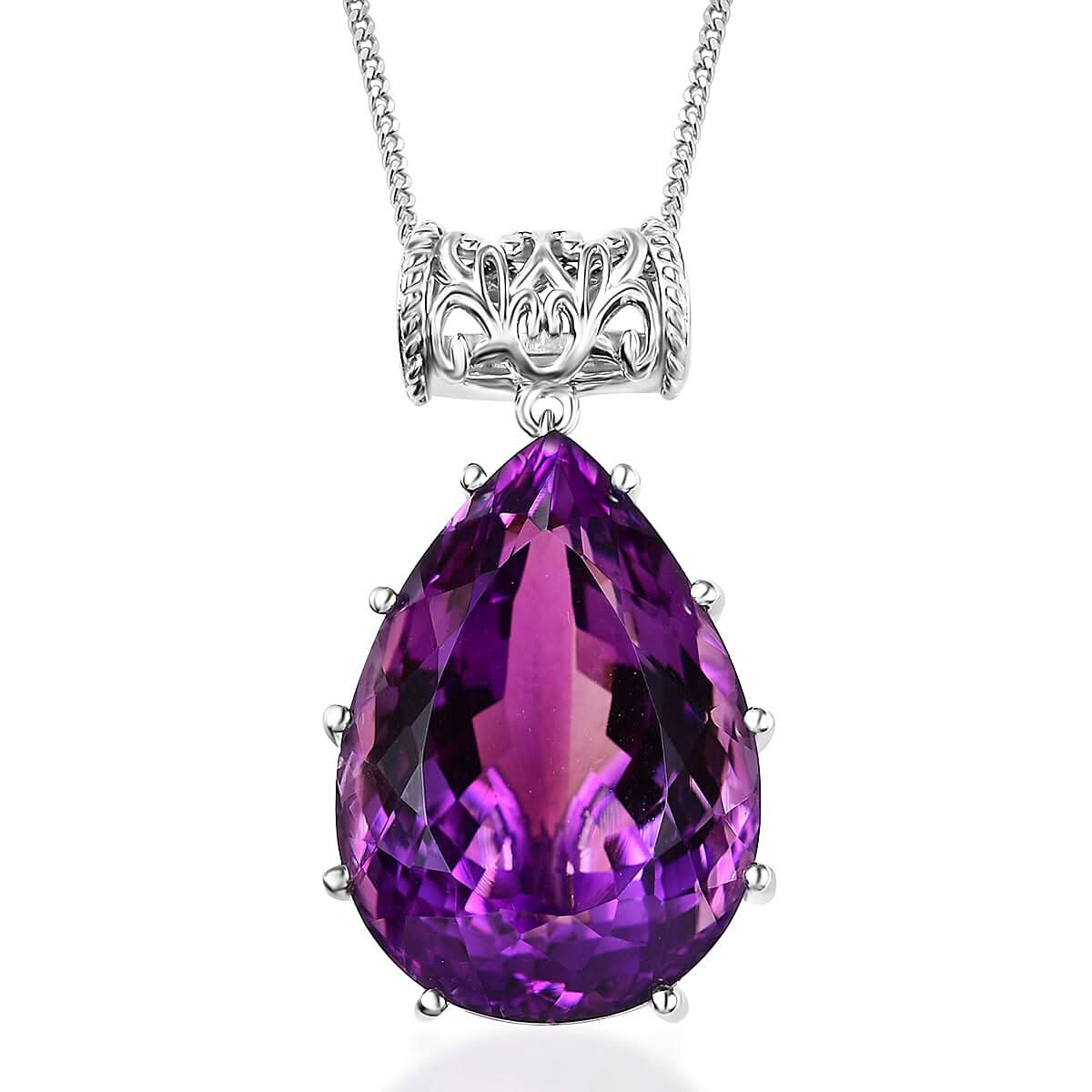 African Amethyst Drop Pendant Necklace 20 Inches in Platinum Over Sterling Silver 50.00 ctw
