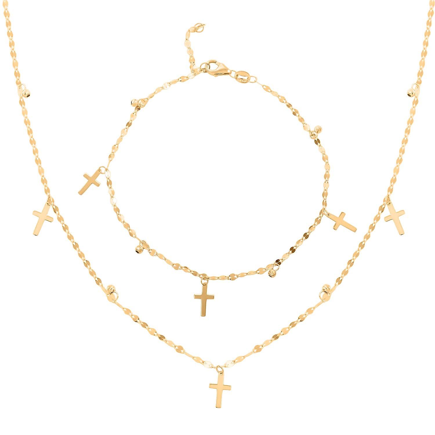Italian 10K Yellow Gold Cross Beaded Bracelet (7.00-8.00In) and Necklace 18-20 Inches 1.75 Grams
