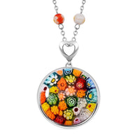 Multi Color Murano Style Beaded Pendant and Necklace 24 Inches in Stainless Steel
