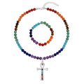 Multi Gemstone 325.00 ctw Beaded Seven Chakra Cross Necklace 18-20 Inches and Stretch Bracelet in Silvertone - Sticky add to cart bar