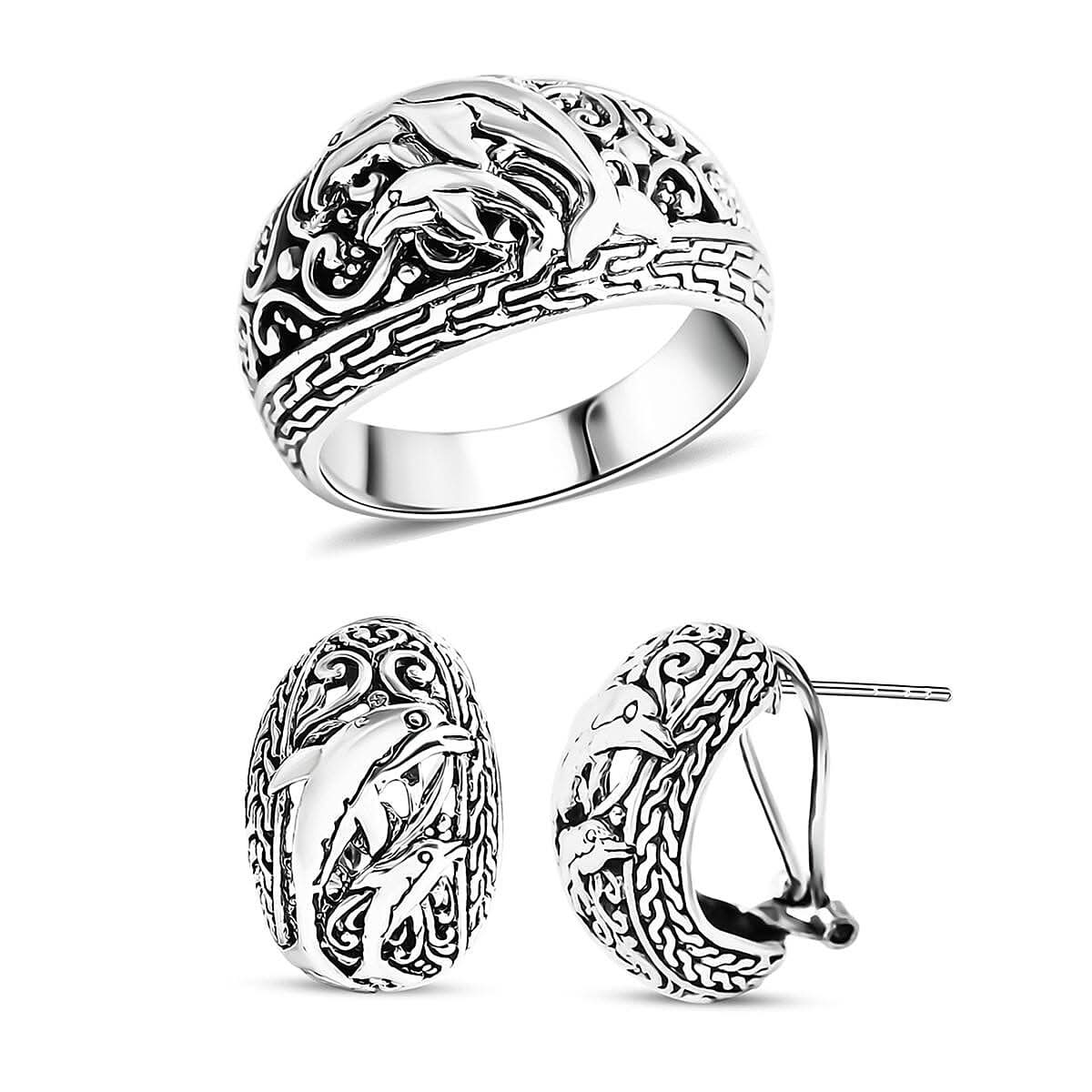 One Time Only Bali Legacy Dolphin Ring and Earrings in Sterling Silver 16.60 Grams