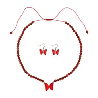 TLV Red Glass, Simulated Diamond and Red Jasper Beaded Butterfly Necklace (17-22 Inches) and Earrings in Goldtone 105.15 ctw