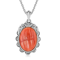 Orange Spiny Oyster Shell 10.00 ctw Floral Pendant Necklace in Rhodium Over Sterling Silver 18 Inches
