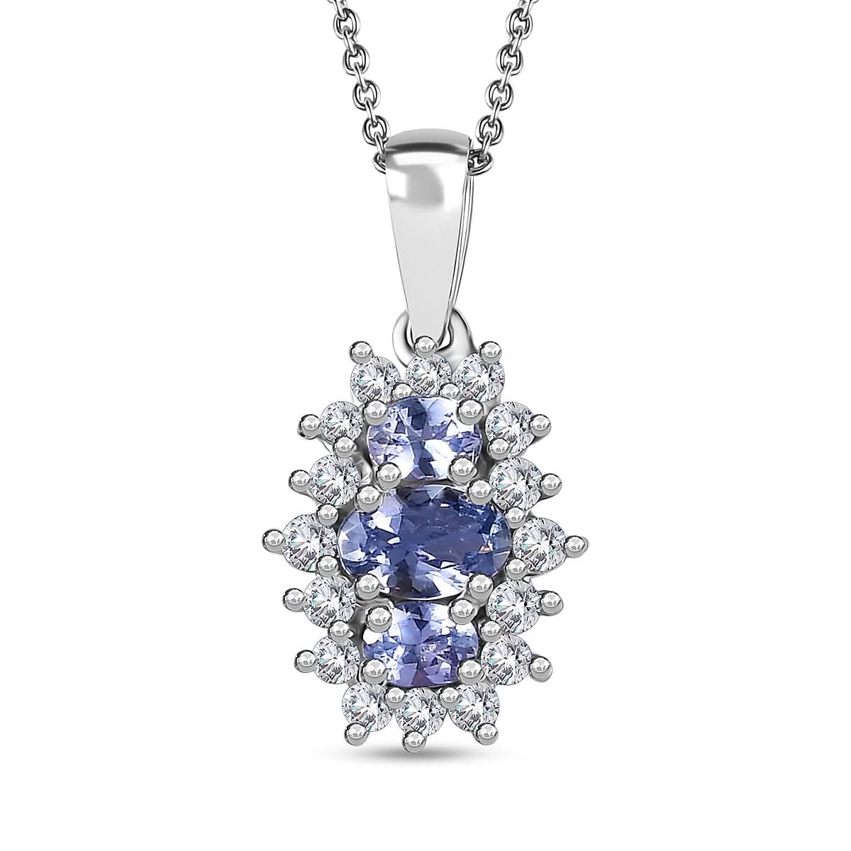Tanzanite and White Zircon Pendant Necklace 20 Inches in Rhodium Over Sterling Silver 1.30 ctw