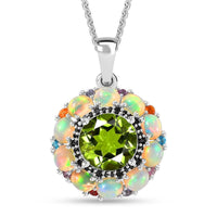 Hebei Peridot and Multi Gemstone Floral Pendant Necklace 20 Inches in Rhodium Over Sterling Silver 4.65 ctw