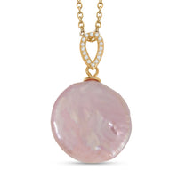 White Coin Keshi Pearl and White Zircon Pendant in Sterling Silver with Stainless Steel Chain 20 Inches 1.00 ctw