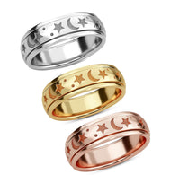 Set of 3 Vermeil YRG Over and Sterling Silver Moon Star Fidget Spinner Ring for Anxiety (Size 5.0) (13.50 g)