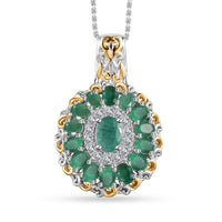 TLV Kagem Zambian Emerald, White Zircon Daisy Floral Pendant Necklace (20 Inches) in 18K Vermeil YG and Rhodium Over Sterling Silver 3.30 ctw