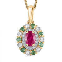 Montepuez Ruby and Multi Gemstone Double Halo Pendant Necklace 20 Inches in 18K Vermeil Yellow Gold Over Sterling Silver 1.30 ctw
