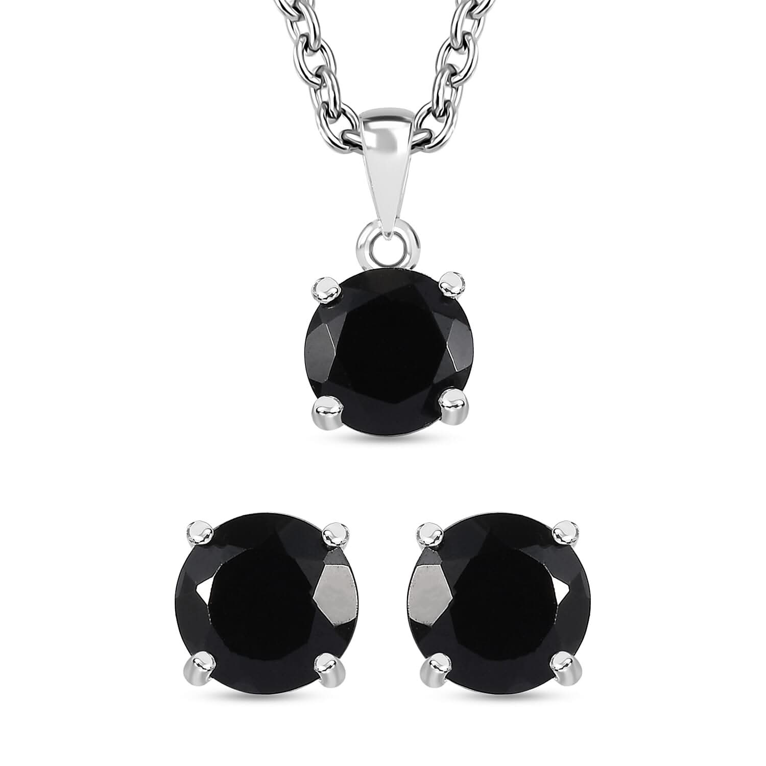 Thai Black Spinel Solitaire Stud Earrings, Pendant in Sterling Silver with Stainless Steel Necklace (20 Inches) 3.20 ctw