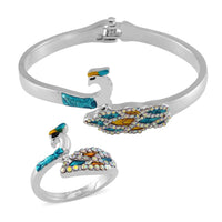 Simulated Mystic White Crystal Bypass Peacock Bangle (6.75 In) and Ring (Size 5.0) in Silvertone