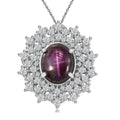 Indian Star Ruby and Moissanite Star Burst Pendant Necklace 20 Inches in Rhodium Over Sterling Silver 8.10 ctw - Sticky add to cart bar