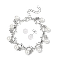 White Shell Pearl and White Crystal Bracelet (6.50-8.00In) and Stud Earrings in Stainless Steel