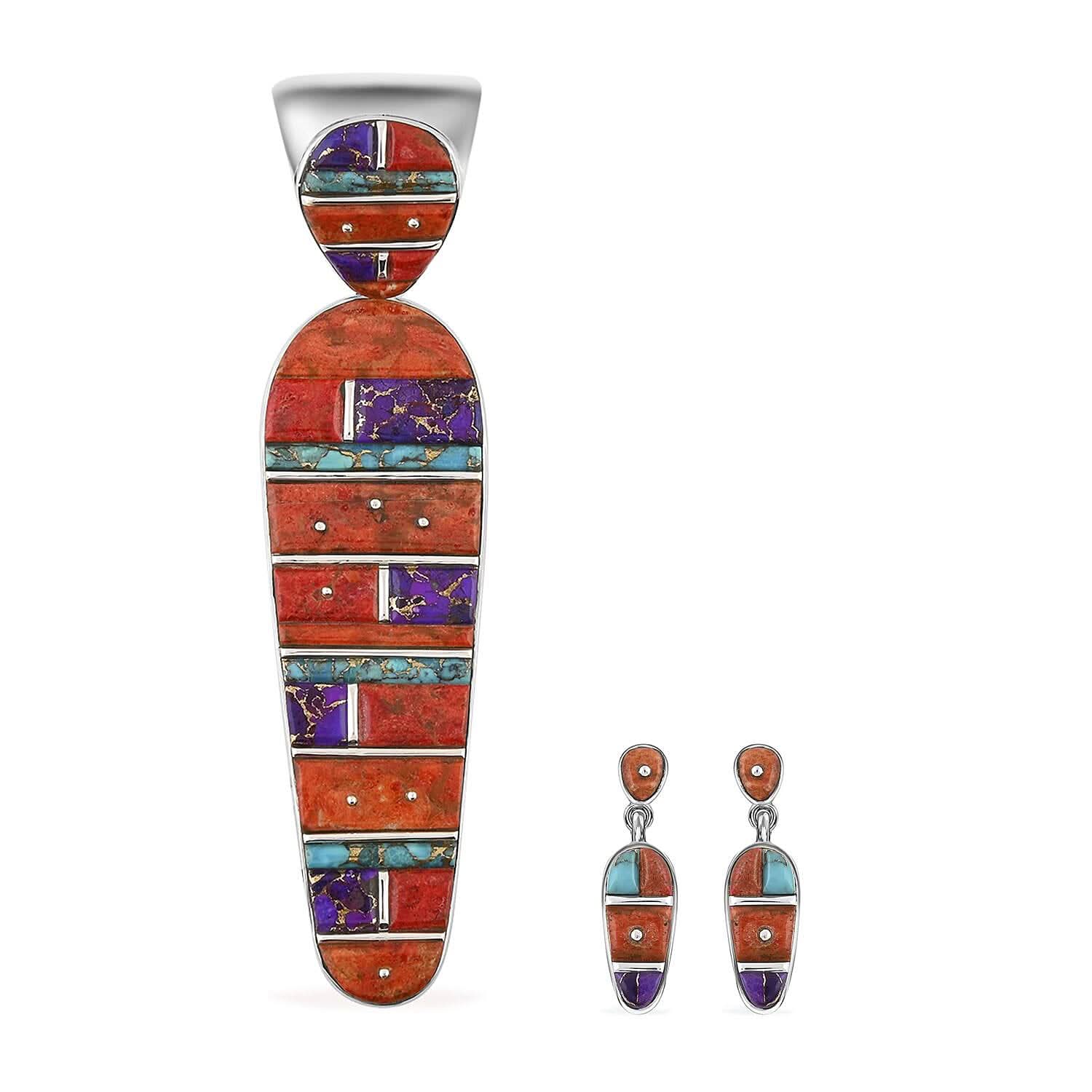 Santa Fe Style Multi Gemstone Earrings and Pendant in Sterling Silver 80.00 ctw