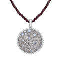 Moon Glow Moonstone and White Zircon Medallion Pendant with Rhodolite Garnet Beaded Necklace 20 Inches in Rhodium Over Sterling Silver 83.00 ctw - Sticky add to cart bar