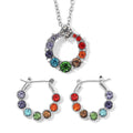 Seven Chakra Color Austrian Crystal Circle Necklace 20-22 Inches and Hoop Earrings in Silvertone - Sticky add to cart bar
