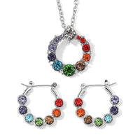 Seven Chakra Color Austrian Crystal Circle Necklace 20-22 Inches and Hoop Earrings in Silvertone