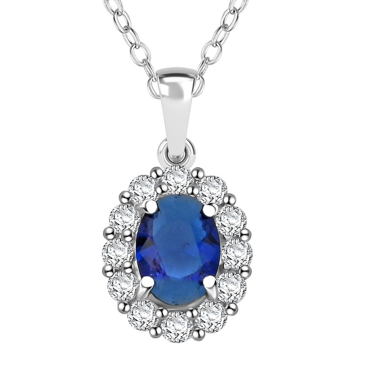 Simulated Blue and White Diamond Pendant Necklace 18 Inches in Silvertone 2.90 ctw