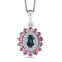 Premium Monte Belo Indicolite and Multi Gemstone 1.35 ctw Sunburst Pendant Necklace in Rhodium Over Sterling Silver 20 Inches