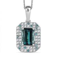 Certified & Appraised Rhapsody 950 Platinum AAAA Monte Belo Indicolite, Paraiba Tourmaline and E-F VS Diamond Double Halo Pendant Necklace 18 Inches 4.80 Graams 2.94 ctw