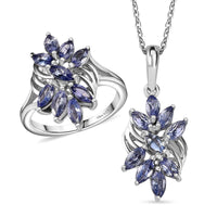 Tanzanite Floral Ring (Size 5.0), Pendant Necklace (20 Inches) in Rhodium Over Sterling Silver 2.40 ctw