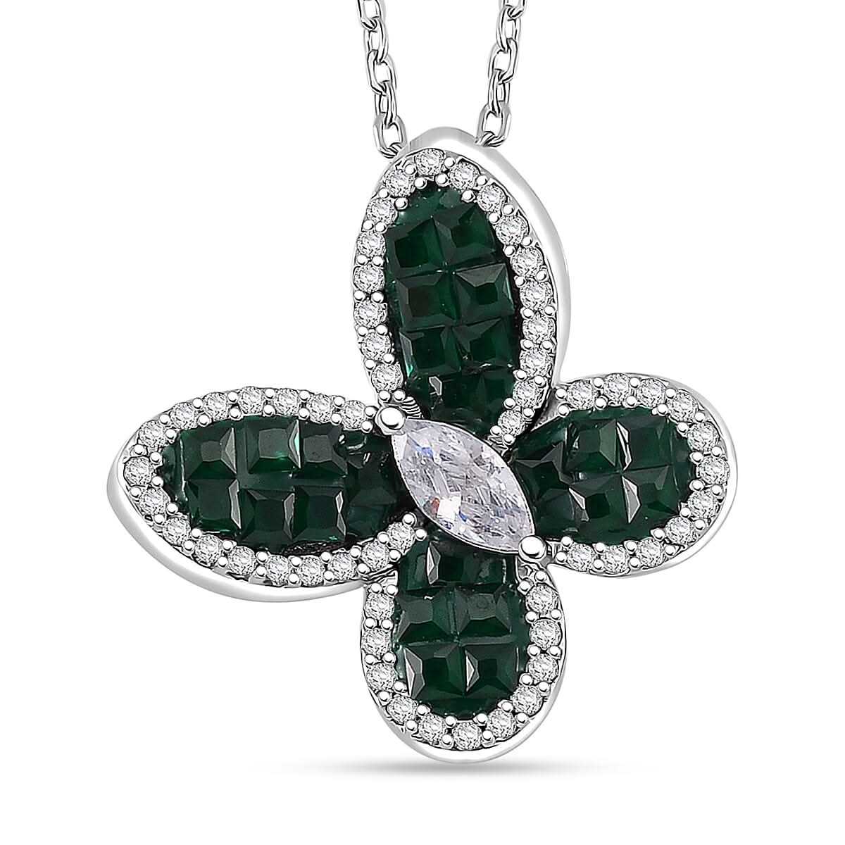 Simulated White and Green Diamond Butterfly Shape Pendant Necklace in Rhodium Over Sterling Silver (20 Inches) 2.20 ctw