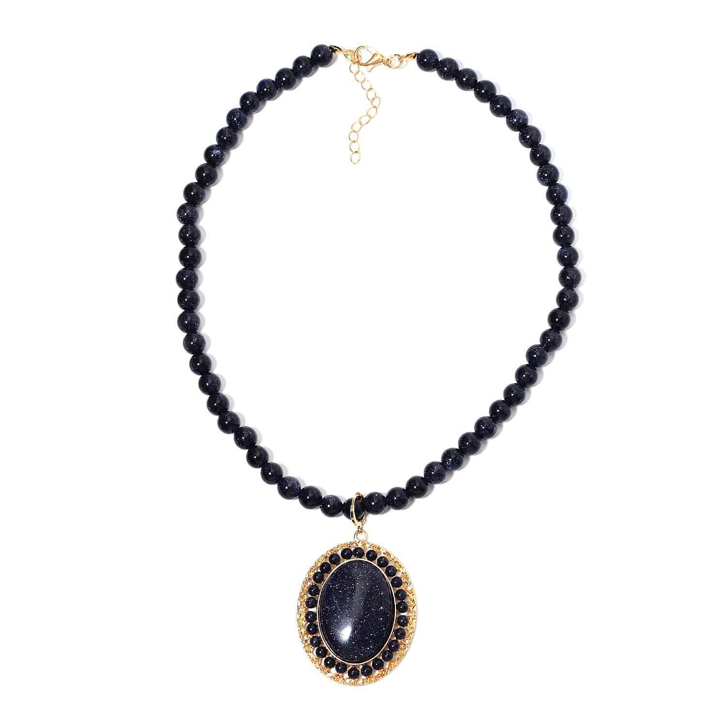 Blue Sandstone 268.05 ctw Halo Pendant with Beaded Necklace in Goldtone 18-20 Inches