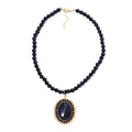 Blue Sandstone 268.05 ctw Halo Pendant with Beaded Necklace in Goldtone 18-20 Inches - Sticky add to cart bar