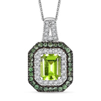 Peridot and Multi Gemstone 3.65 ctw Double Halo Pendant Necklace 20 Inches in Rhodium Over Sterling Silver