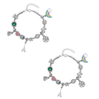 Gift Set of 2 - Snake Chain Bracelet with Interchangeable 12 pcs Charms with Crystal in Silvertone (7.0-9.0In)