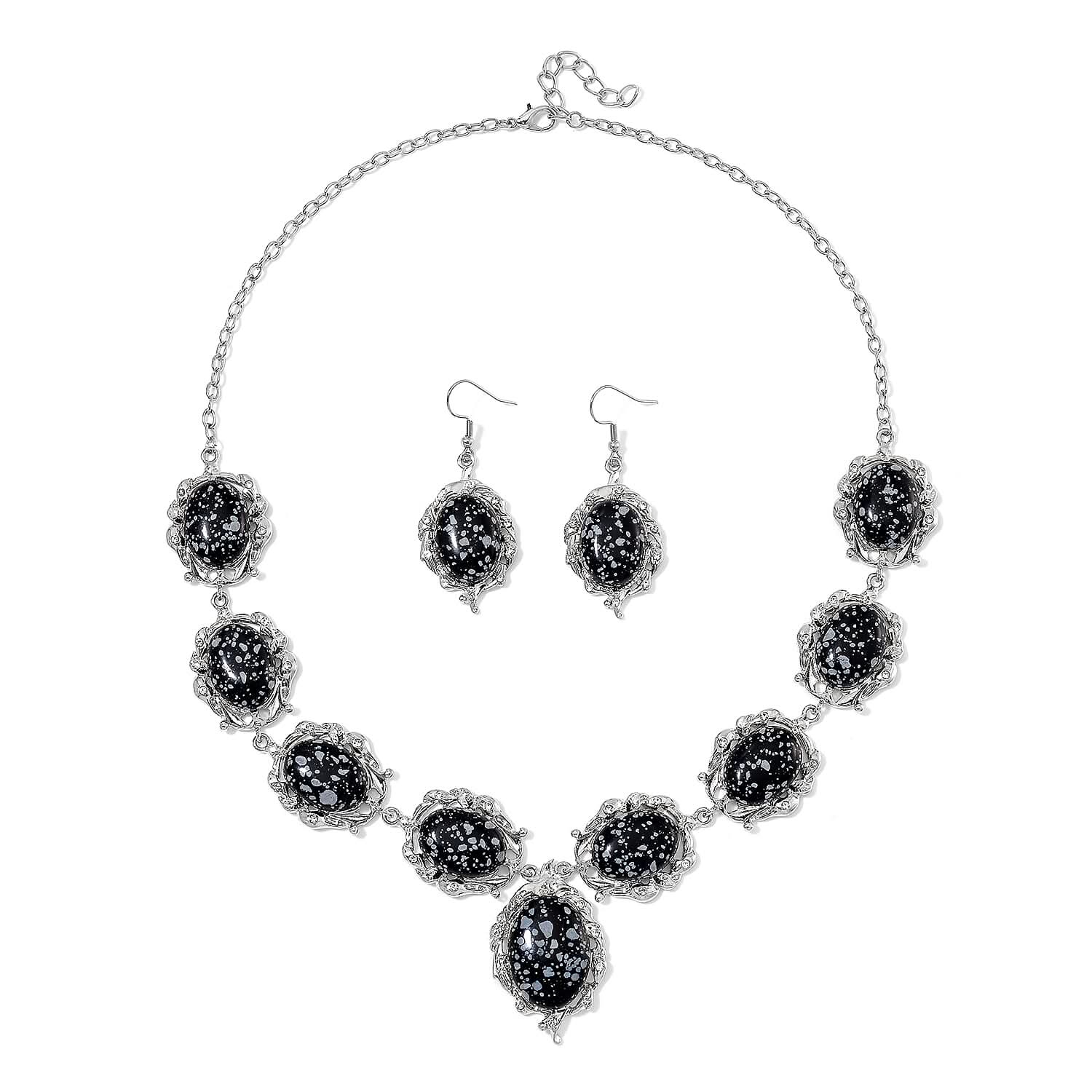 TLV Snowflake Jasper, Austrian Crystal Earrings and Necklace (20-22 Inches) in Silvertone 330.00 ctw