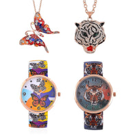 4 Pcs Set - Strada Japanese Movement Watch in Steel Stretch Strap with Glass, White & Aurora Borealis Austrian Crystal Butterfly and Tiger Head Pendant Necklace (24 In) in Rosetone