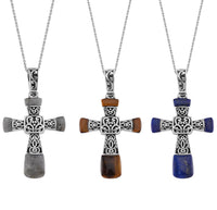 Set of 3 Malagasy Labradorite, Yellow Tiger Eye and Lapis Lazuli Inlay 21.30 ctw Cross Pendant Necklace in Stainless Steel 24 Inches