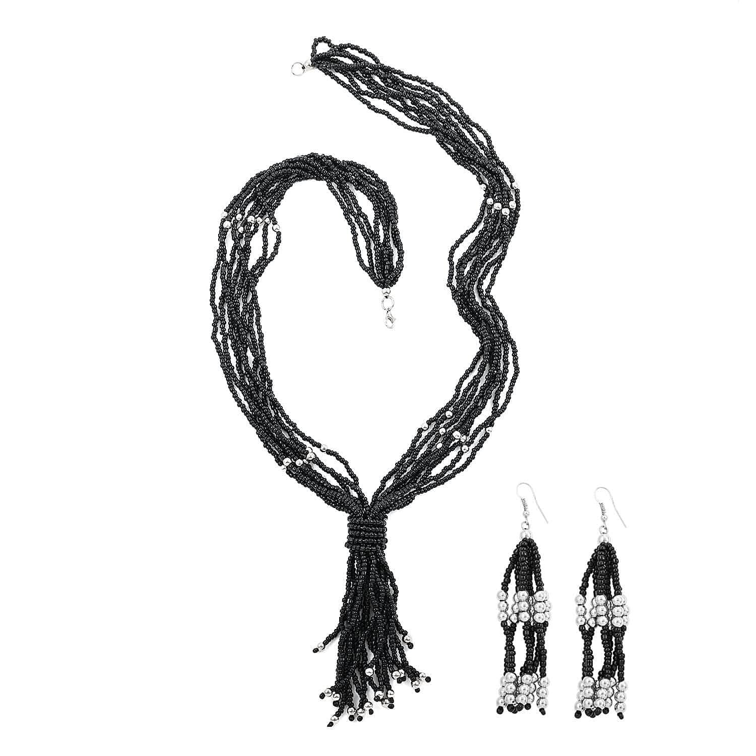 Black Resin and Ceramic Seed Bead Dangle Earrings and Multi Strand Necklace in Stainless Steel