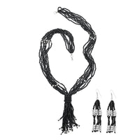 Black Resin and Ceramic Seed Bead Dangle Earrings and Multi Strand Necklace in Stainless Steel