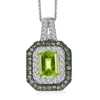 Peridot and Multi Gemstone 3.60 ctw Floral Double Halo Pendant Necklace in Rhodium Over Sterling Silver 20 Inches
