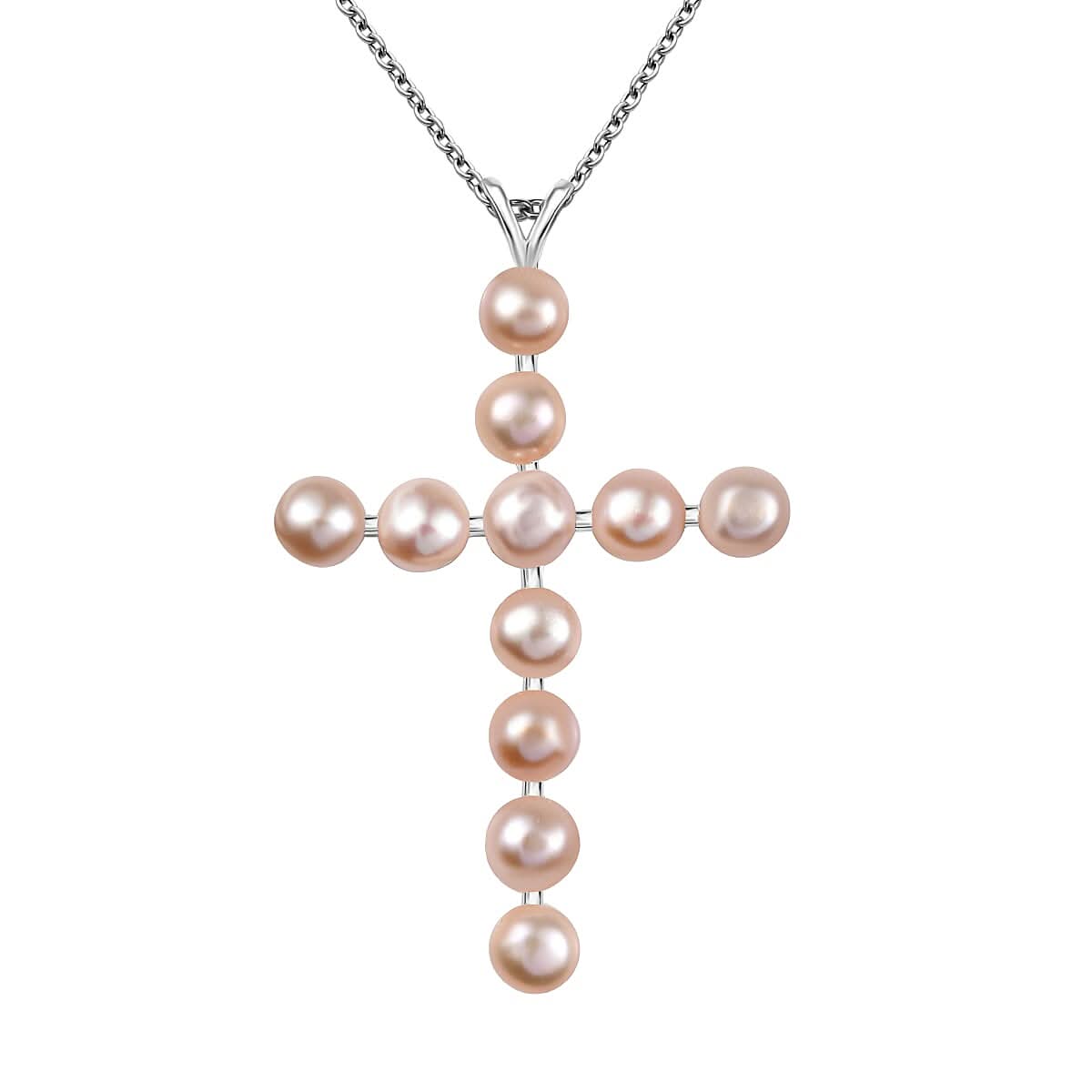 Pink Freshwater Pearl Cross Pendant in Sterling Silver with Stainless Steel Necklace 20 Inches