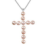 Pink Freshwater Pearl Cross Pendant in Sterling Silver with Stainless Steel Necklace 20 Inches