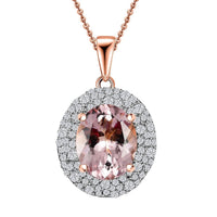 Certified & Appraised Luxoro AAA Pink Morganite and G-H I2 Diamond 4.13 ctw Double Halo Pendant Necklace in 14K Rose Gold 18 Inches