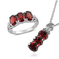 Mozambique Garnet 3 Stone Ring (Size 5) and Pendant Necklace (20 Inches) in Stainless Steel 5.70 ctw