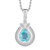 Blue Topaz and Simulated Diamond 2.85 ctw Teardrop Pendant Necklace in Silvertone 18 Inches