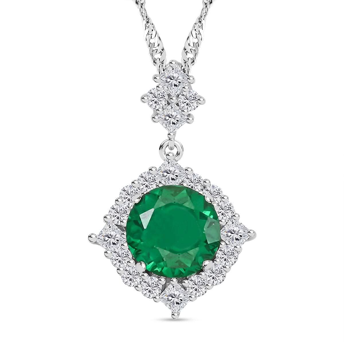 Simulated Emerald and Simulated Diamond 4.50 ctw Pendant Necklace in Silvertone 18 Inches