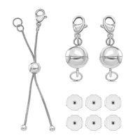 One Time Only 9mm Lobster and Magnetic Lock with 2Inch Each Side Snake Extender Chain with 0.6x5mm Ring and 6mm Adjusting Smooth Beads Rhodium Over Stainless Steel