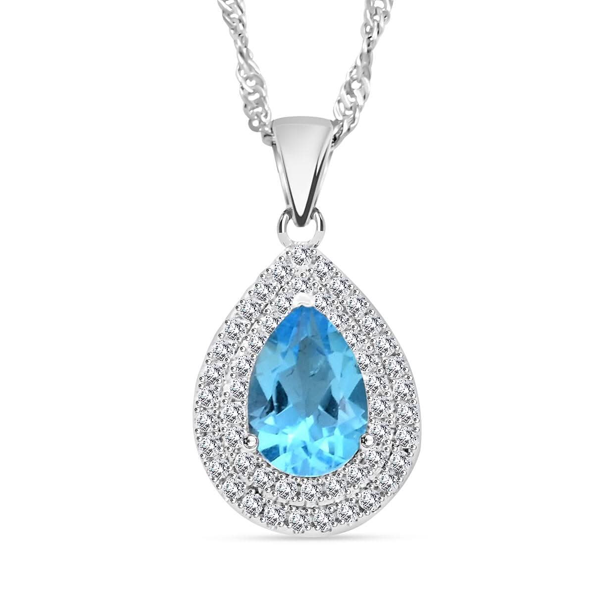 Blue Topaz and Simulated Diamond 2.60 ctw Teardrop Pendant Necklace in Silvertone 18 Inches