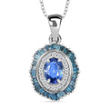 Ceylon Blue Sapphire and Blue and White Diamond 1.35 ctw Midnight Halo Pendant Necklace in Rhodium Over Sterling Silver 20 Inches - Sticky add to cart bar